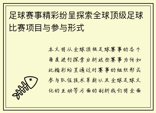 足球赛事精彩纷呈探索全球顶级足球比赛项目与参与形式