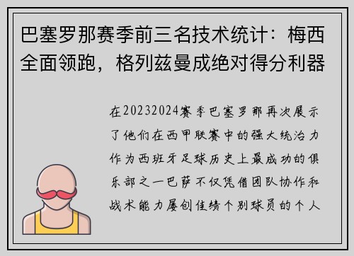 巴塞罗那赛季前三名技术统计：梅西全面领跑，格列兹曼成绝对得分利器