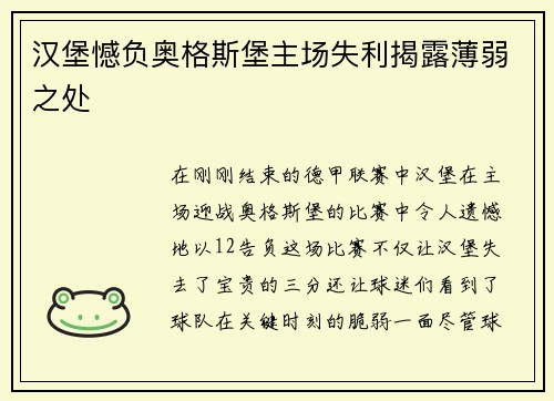 汉堡憾负奥格斯堡主场失利揭露薄弱之处