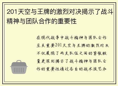 201天空与王牌的激烈对决揭示了战斗精神与团队合作的重要性