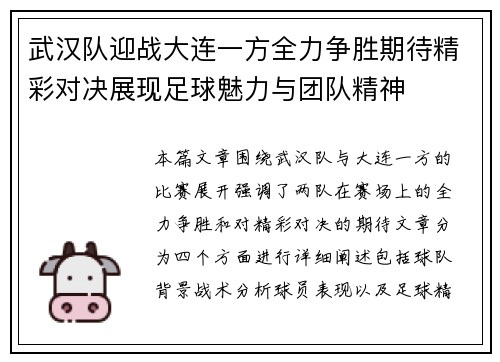 武汉队迎战大连一方全力争胜期待精彩对决展现足球魅力与团队精神