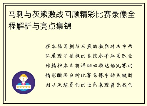 马刺与灰熊激战回顾精彩比赛录像全程解析与亮点集锦