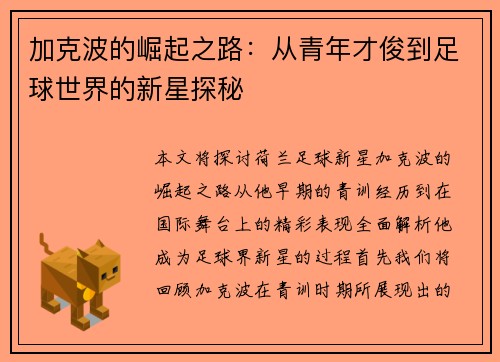 加克波的崛起之路：从青年才俊到足球世界的新星探秘