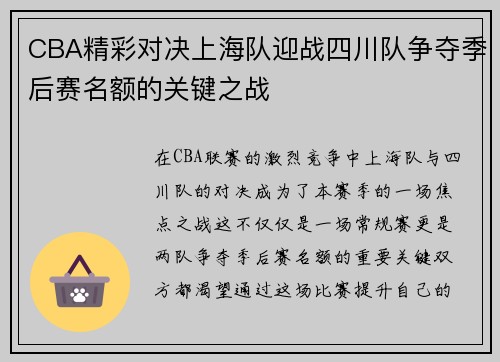 CBA精彩对决上海队迎战四川队争夺季后赛名额的关键之战