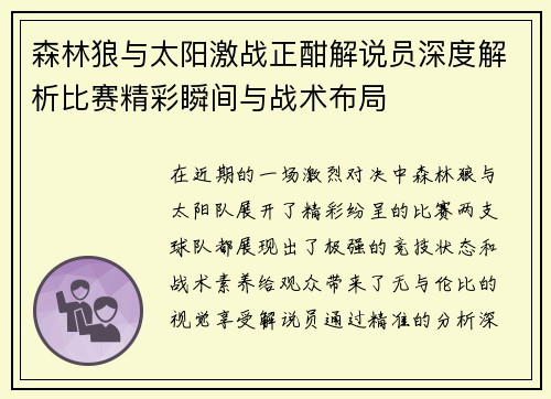 森林狼与太阳激战正酣解说员深度解析比赛精彩瞬间与战术布局