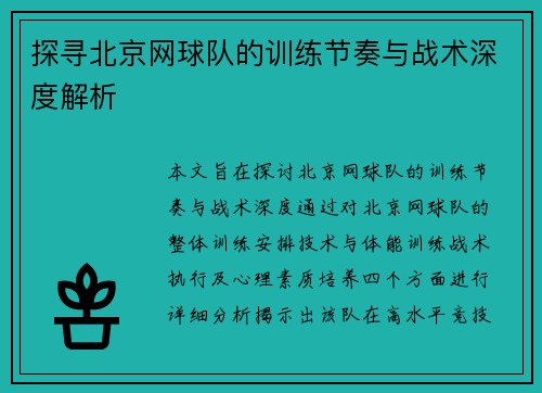 探寻北京网球队的训练节奏与战术深度解析